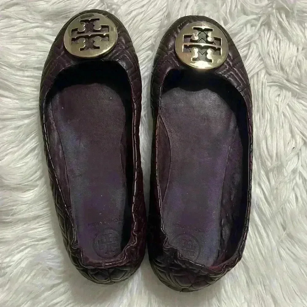 Tory Burch Women's Quilted Minnie Flats, Port, Red, Purple, 7.5M